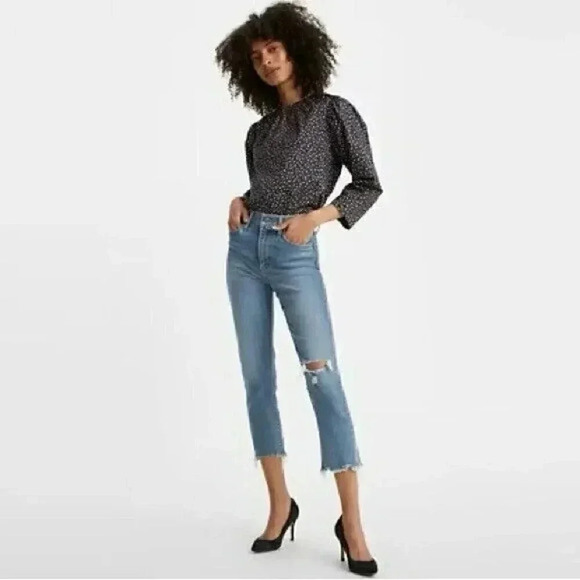 Levi's Premium Jeans 724 High Rise Slim  Straight Crop Jean Blue Raw Hem Size 25 - Picture 1 of 16